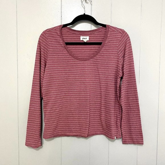 Pact Tops - Pact Berry Pink Striped Scoop-neck Long Sleeve Organic Cotton Basic Top M
